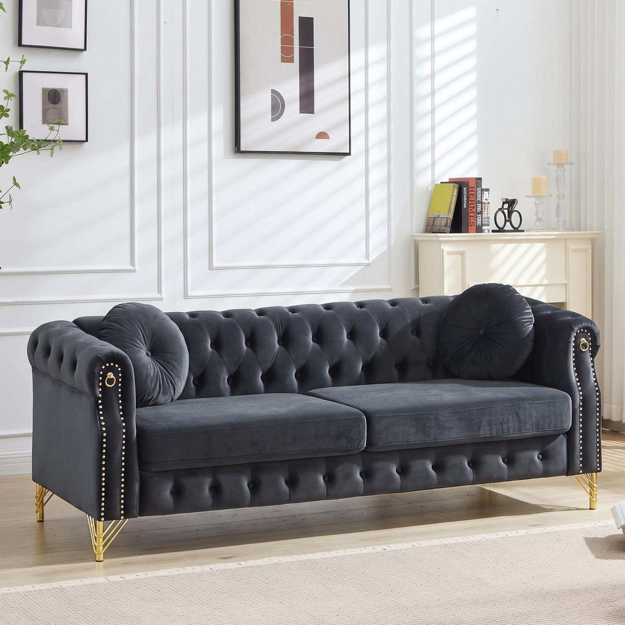 Sailvan 82" Velvet Chesterfield Sofa, Tufted 3-Seater Couch with Gold Metal Legs & Copper Studs, Luxury Living Room Furniture Black