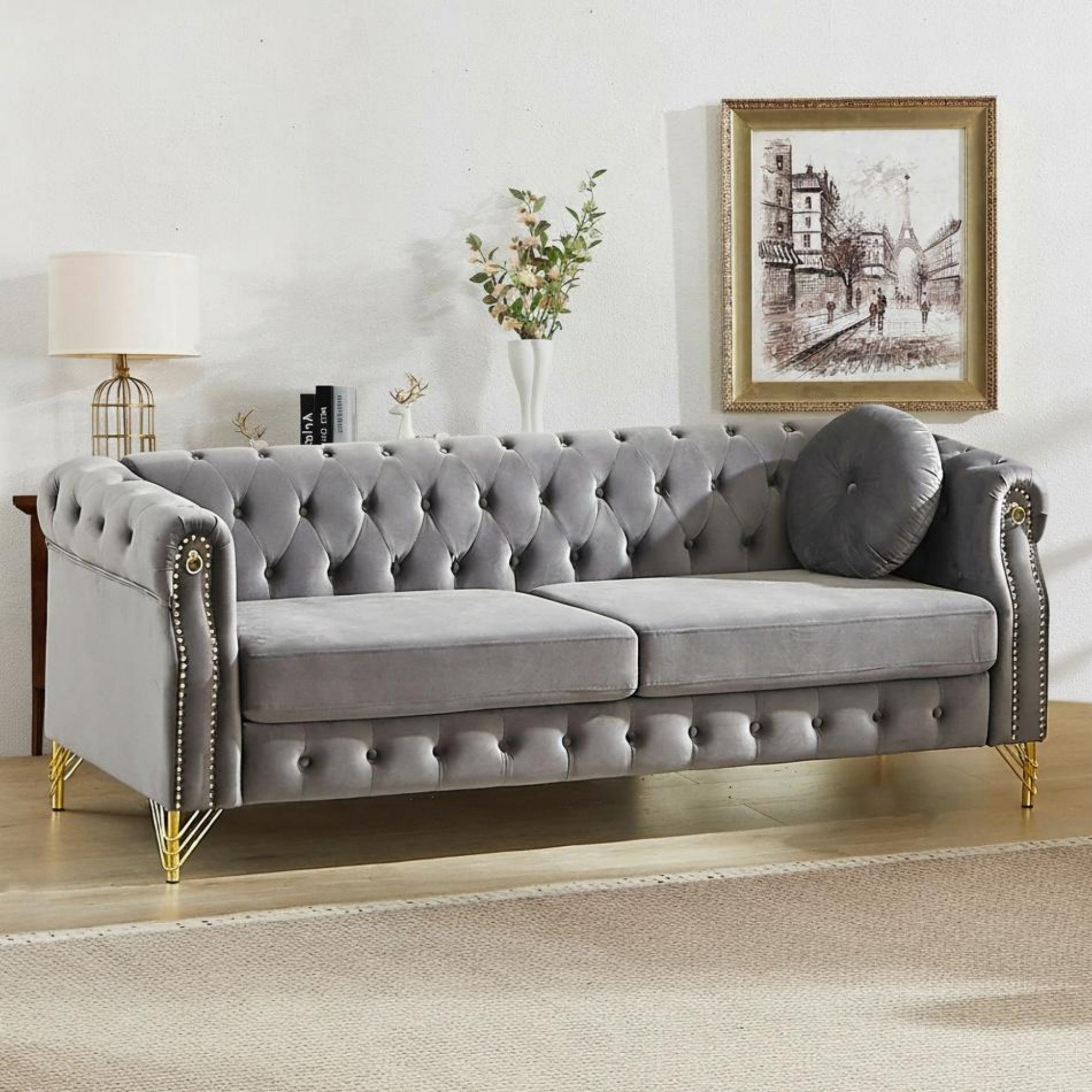 Sailvan 82" Velvet Chesterfield Sofa, Tufted 3-Seater Couch with Gold Metal Legs & Copper Studs, Luxury Living Room Furniture Grey