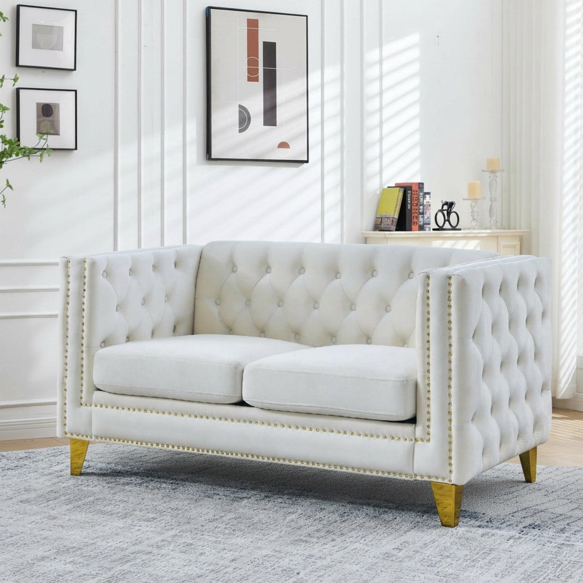 Sailvan 82" Velvet Chesterfield Sofa, Tufted Button Couch with Gold Metal Legs & Nailhead Trim, Modern 2-Seater with Unique Charm Loop Beige