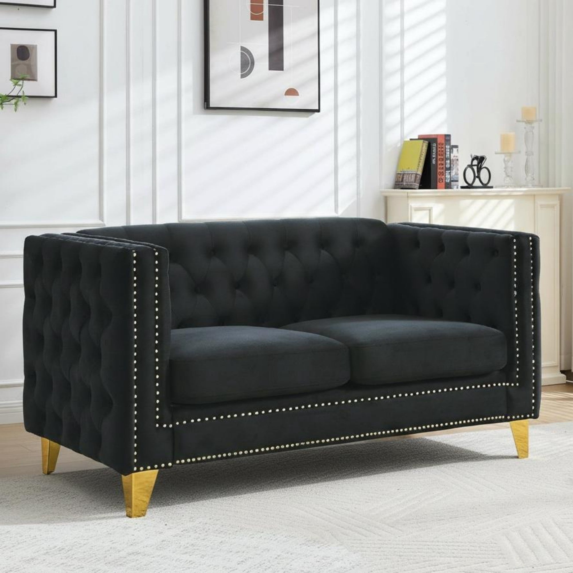 Sailvan 82" Velvet Chesterfield Sofa, Tufted Button Couch with Gold Metal Legs & Nailhead Trim, Modern 2-Seater with Unique Charm Loop Black
