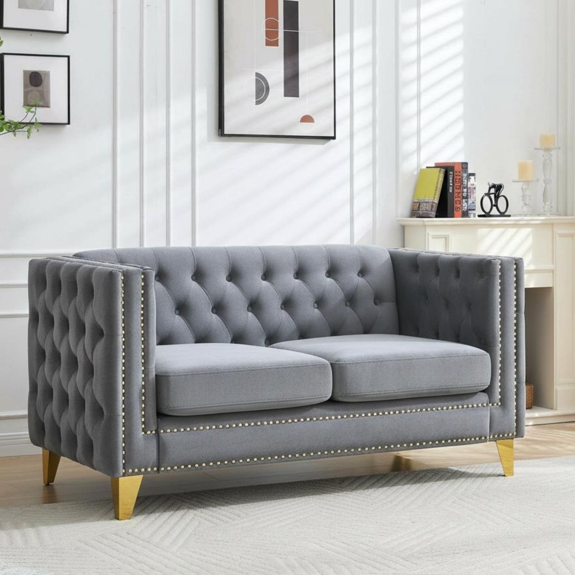 Sailvan 82" Velvet Chesterfield Sofa, Tufted Button Couch with Gold Metal Legs & Nailhead Trim, Modern 2-Seater with Unique Charm Loop Gray