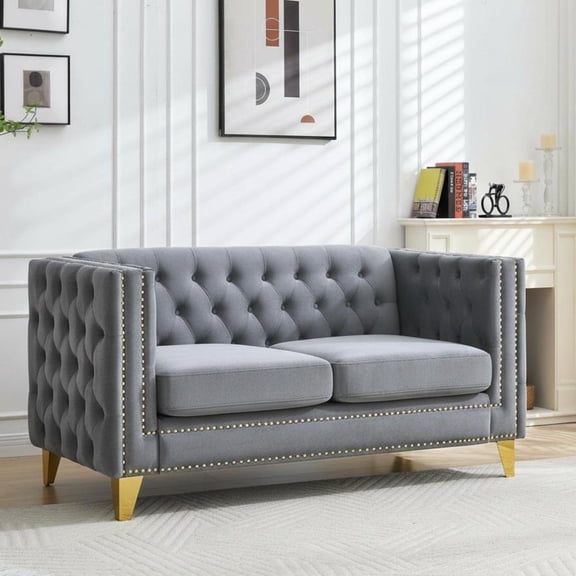 Sailvan 82" Velvet Chesterfield Sofa, Tufted Button Couch with Gold Metal Legs & Nailhead Trim, Modern 2-Seater with Unique Charm Loop Gray