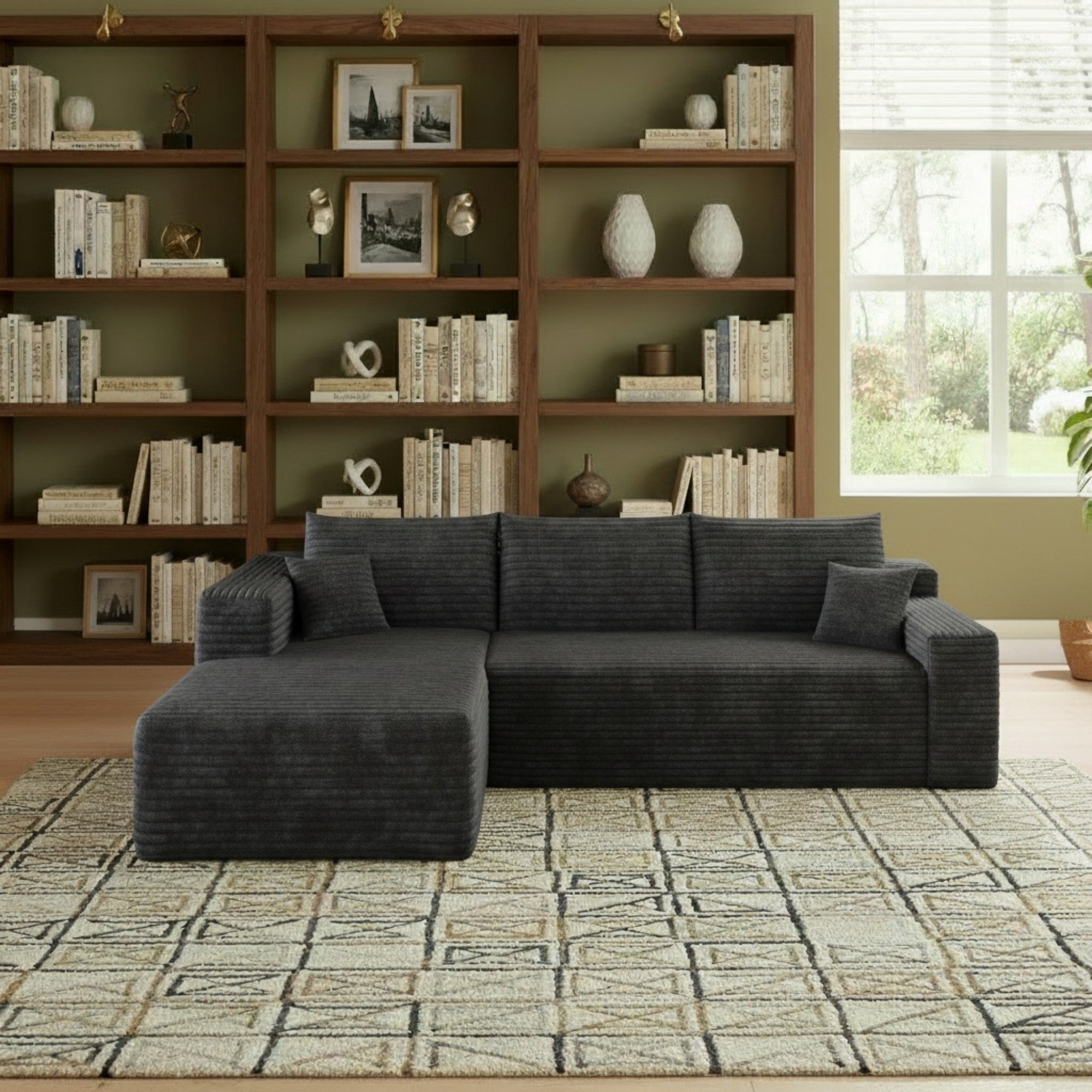 Sailvan 95" Cloud Sectional Sofa - Modern U-Shaped Modular Couch with Deep Seats - Plush Corduroy Fabric - No Assembly Required Black Left