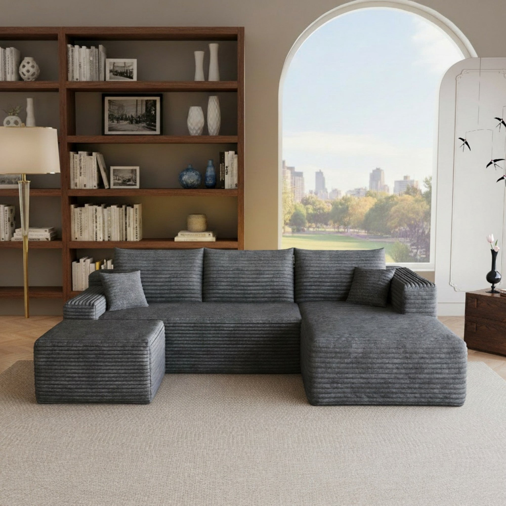 Sailvan 95" Cloud Sectional Sofa,No Assembly Required Modular U Shaped Couch,Plush Corduroy Upholstered Deep Seat Sofa for Living Room Dark Grey Right