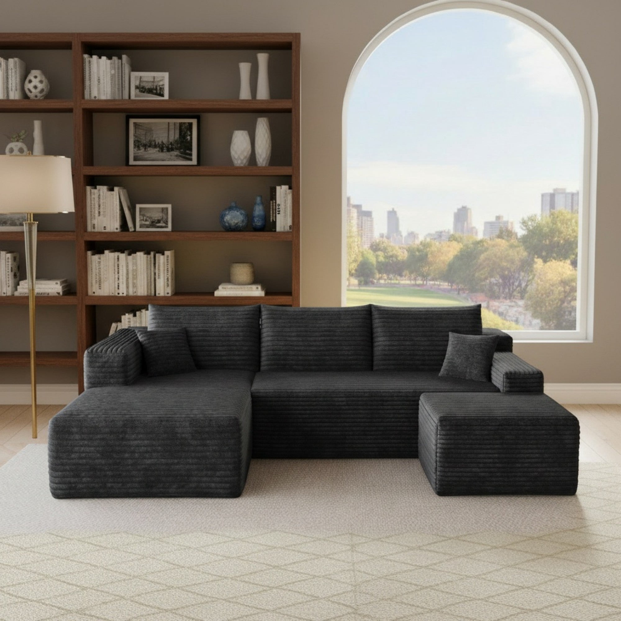 Sailvan 95" Cloud Sectional Sofa,No Assembly Required Modular U Shaped Couch,Plush Corduroy Upholstered Deep Seat Sofa for Living Room Black Left