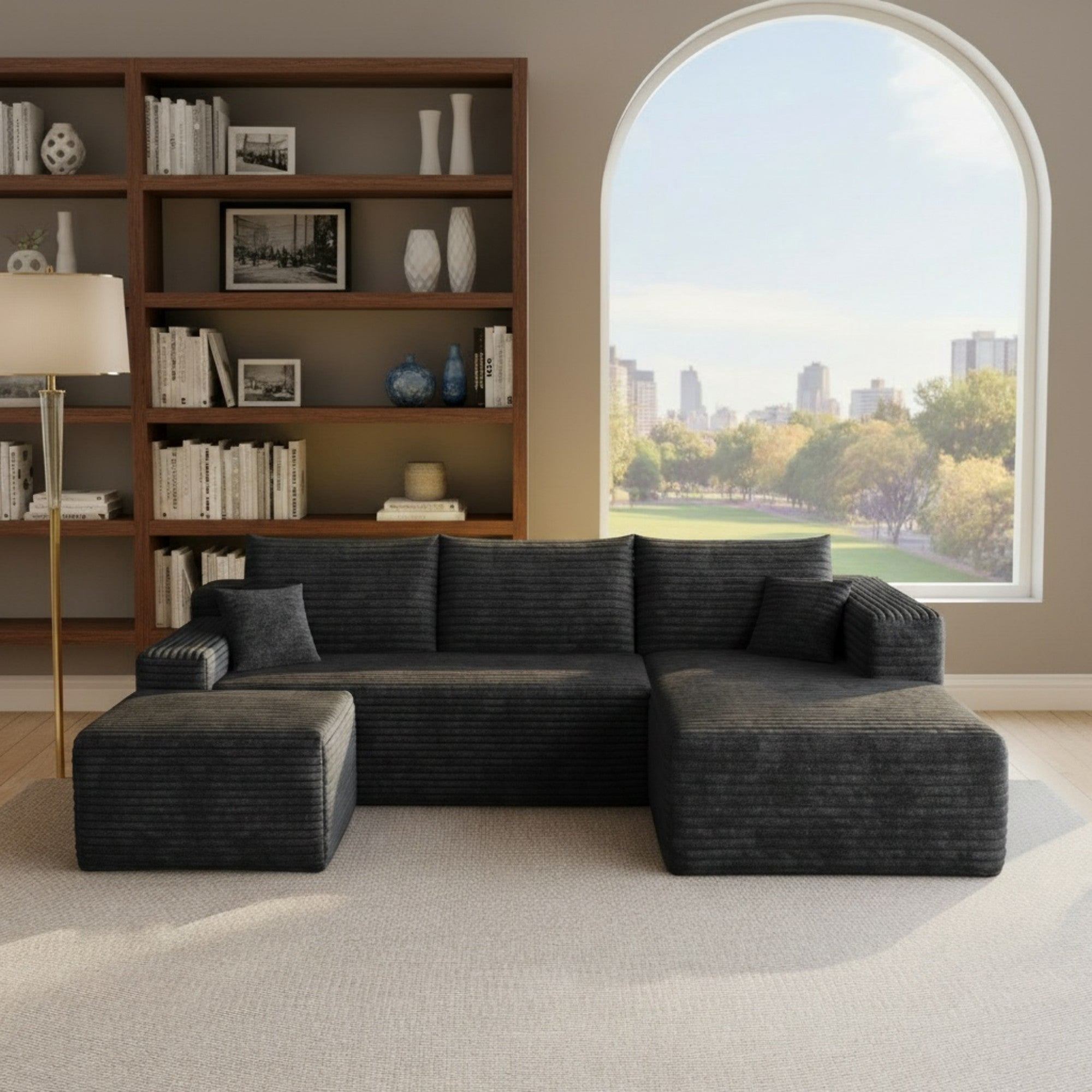 Sailvan 95" Cloud Sectional Sofa,No Assembly Required Modular U Shaped Couch,Plush Corduroy Upholstered Deep Seat Sofa for Living Room Black Right