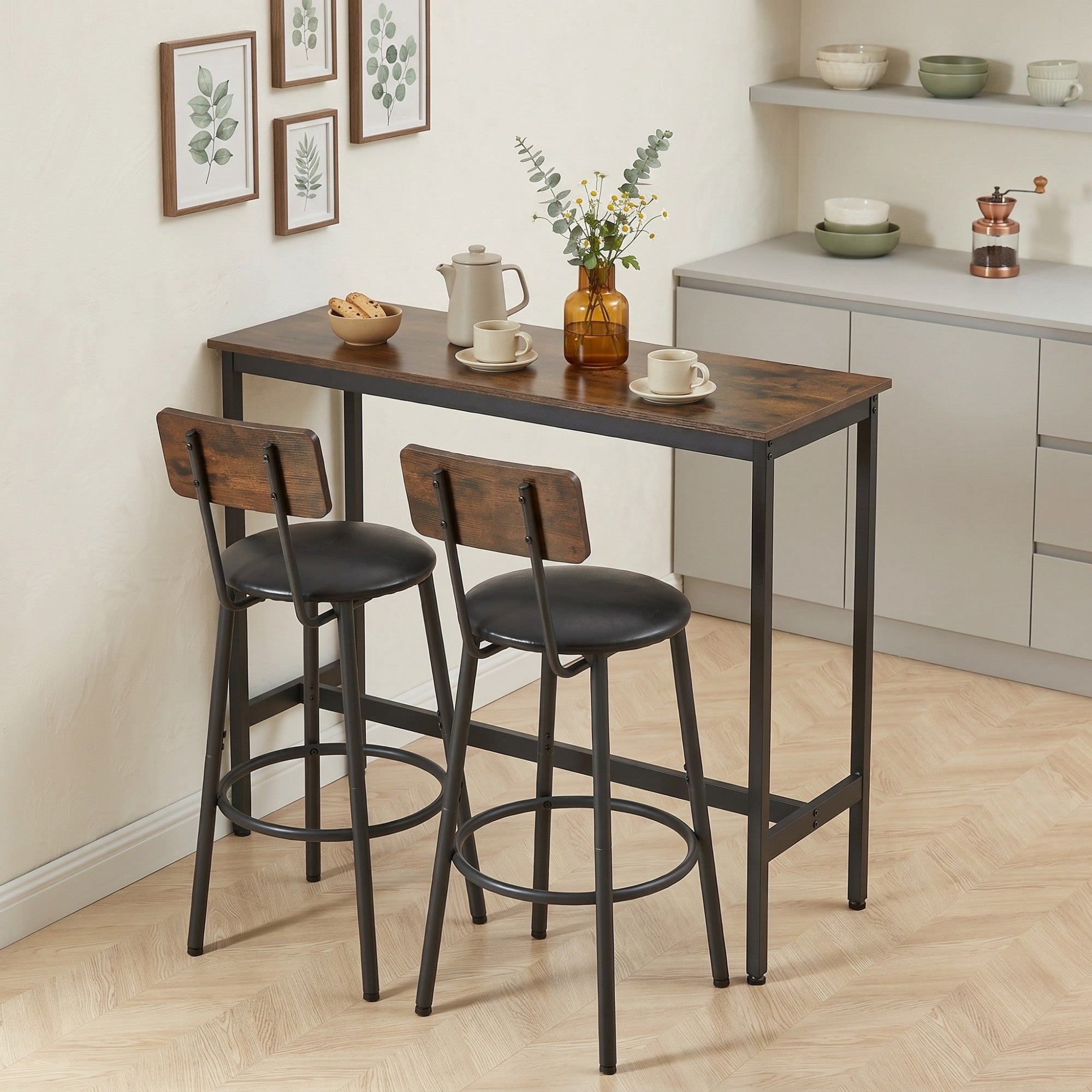 Sailvan Bar Table Set with 2 Bar Stools, PU Soft Seat with Backrest, Rustic Grey