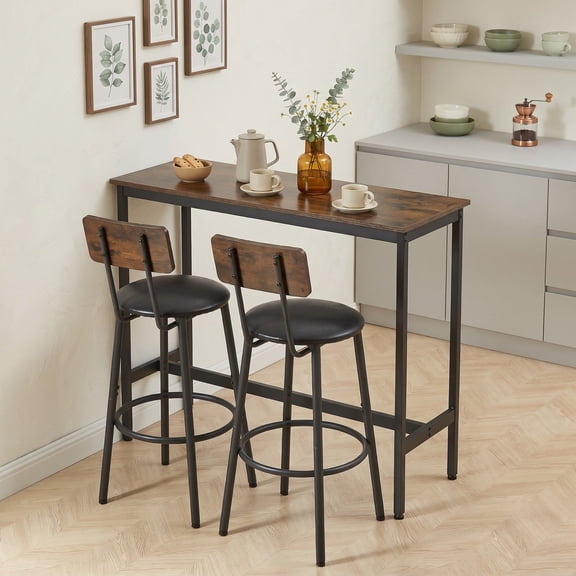 Sailvan Bar Table Set with 2 Bar Stools, PU Soft Seat with Backrest, Rustic Grey