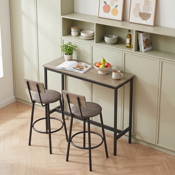 Sailvan Bar Table Set with 2 Stools, PU Soft Seat with Backrest, Rustic Grey