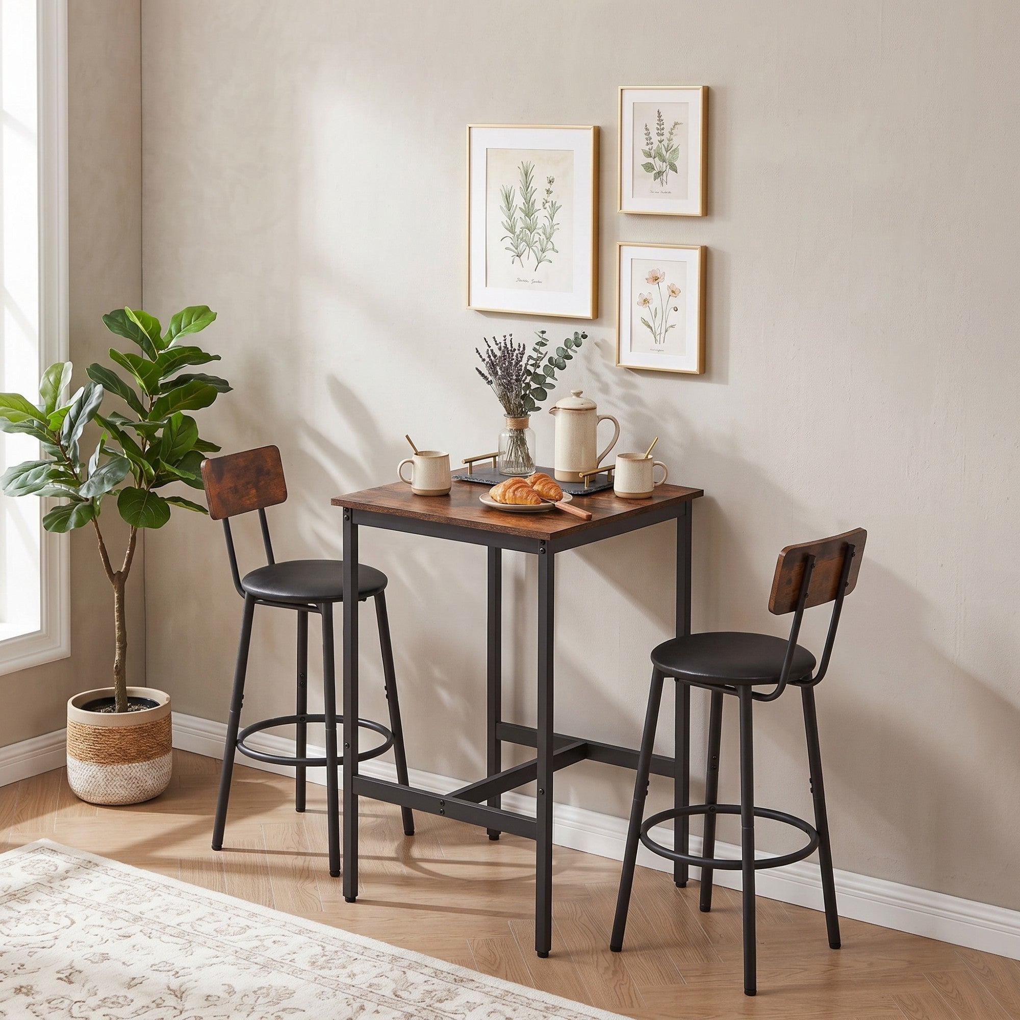 Sailvan Bar Table Set with 2 Stools, PU Soft Seat with Backrest