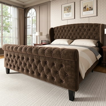 Sailvan Queen Bed Frame,Chenille Upholstered Platform Sleigh Bed Frame with Rolling Footboard, Button Tufted/Wooden Board Support/No Box Spring Required, 1000lbs Capacity