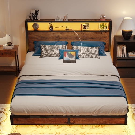 Sailvan Queen Bed Frame with 2 LED Lights and USB Charging Ports,Platform Bed Frame Queen Size with Headboard,2-Tier Storage Shelf,Noise-Free,No Box Spring Needed,Rustic Brown