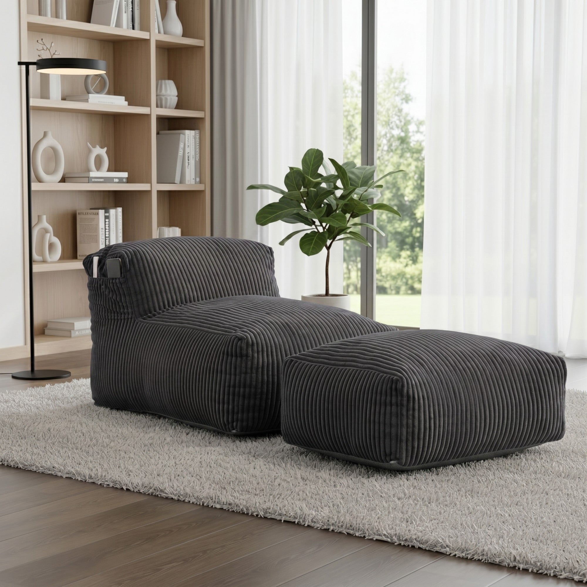 Sailvan Big Bean Bag Chair for Adults with Ottoman,Large Lounger Sofa,Soft Corduroy Beanbag Chair for Bedroom Dorm Living Room Dark Gray