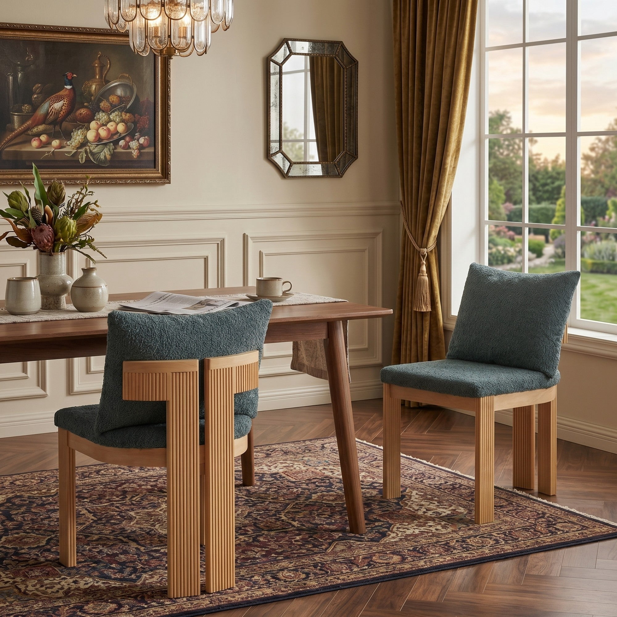 Sailvan Boucle Dining Set of 2 Chairs with Rubber Wood Frame,Upholstered Mid-Century Modern Kitchen Chairs for Small Spaces Green