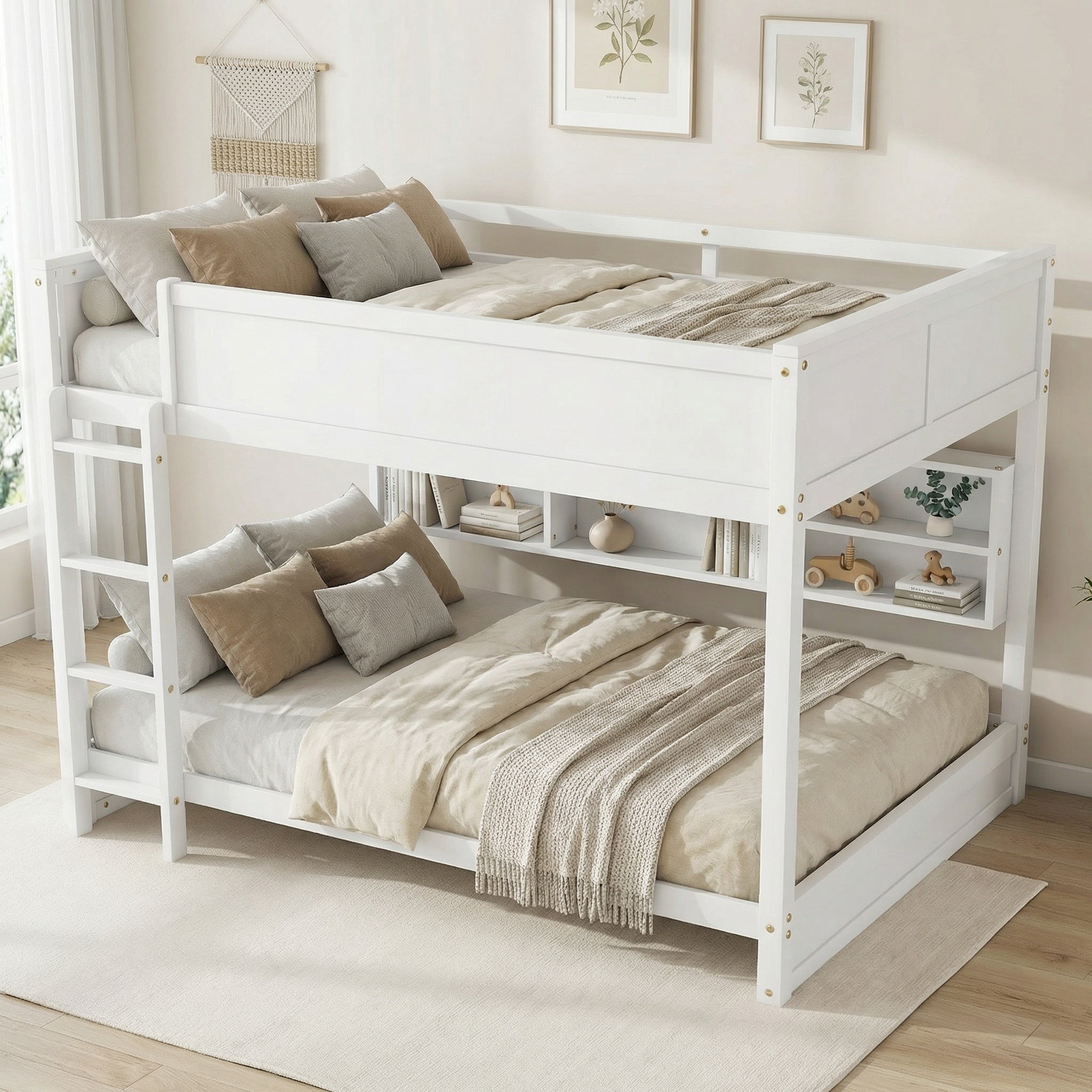 Sailvan Bunk Bed, Solid Pine Wood with Built-in Storage Cabinets, Charging Station