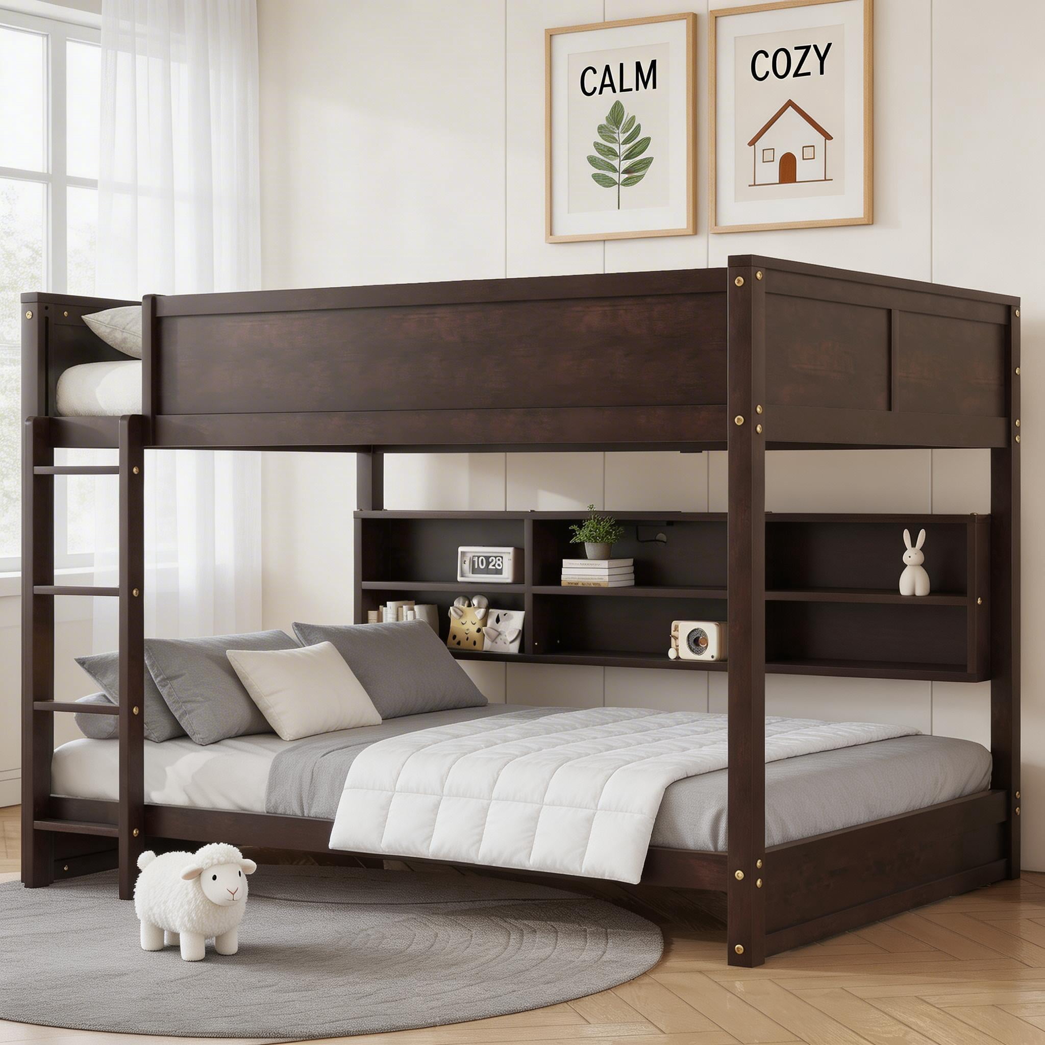Sailvan Bunk Bed, Solid Pine Wood with Built-in Storage Cabinets, Charging Station