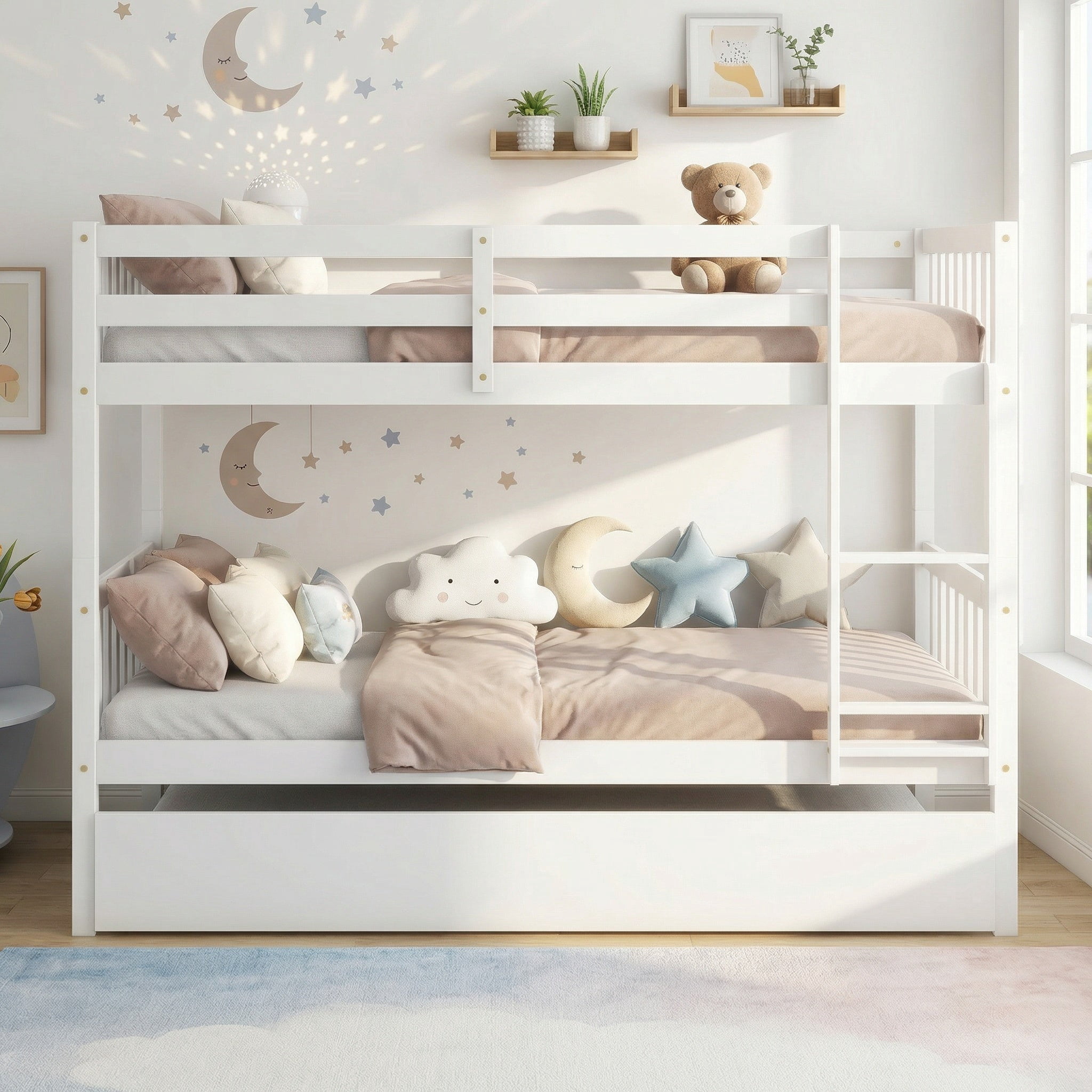 Sailvan Bunk Bed Twin Over Twin,Convertible into Two Twin Size Beds, with Ladder and Safety Guardrails,Rubber Wood