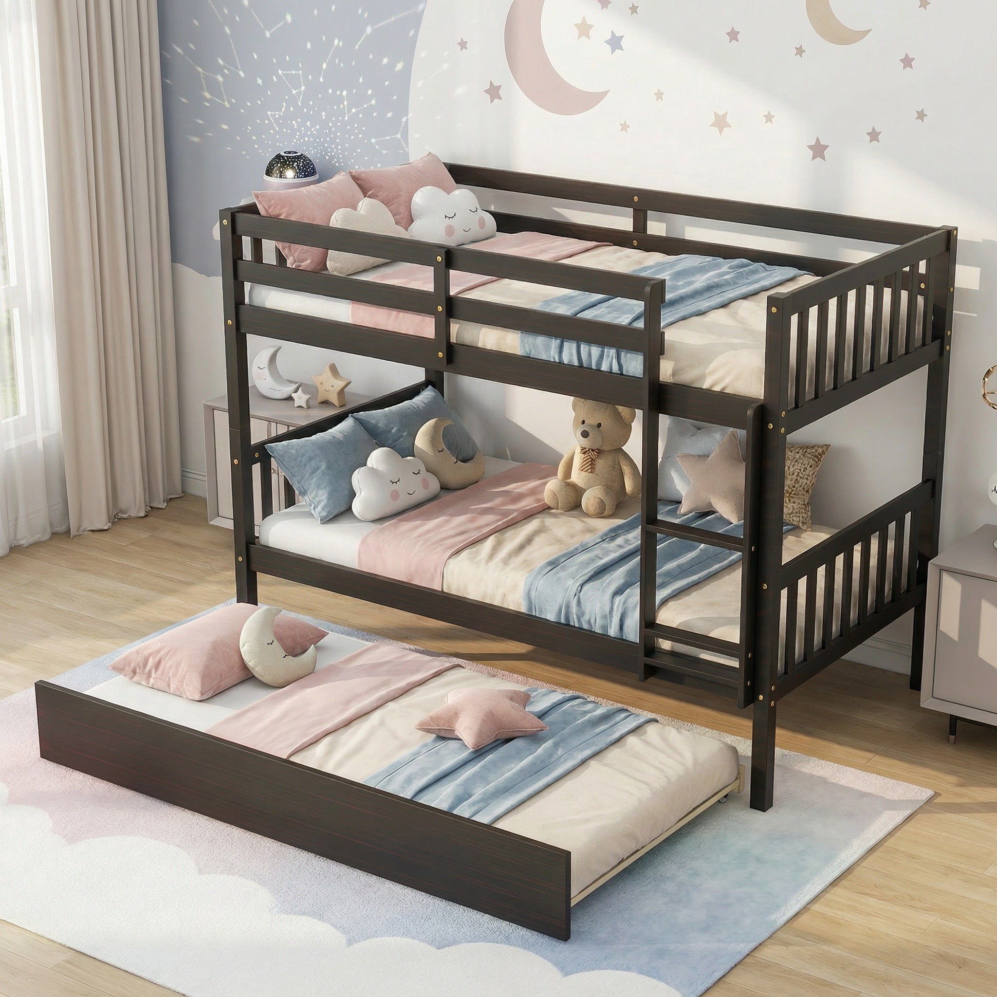 Sailvan Bunk Bed Twin Over Twin,Convertible into Two Twin Size Beds, with Ladder and Safety Guardrails,Rubber Wood