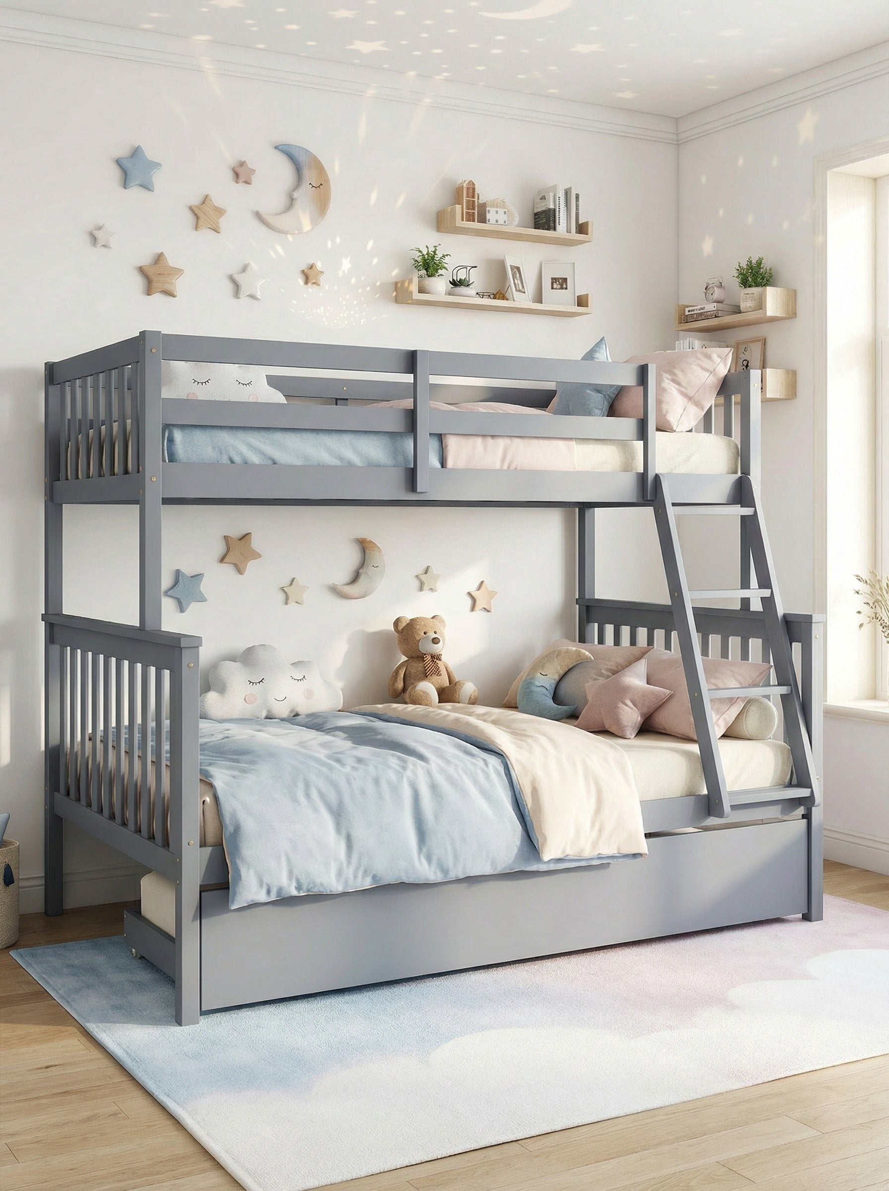 Sailvan Bunk Bed Twin Over Twin with Convertible Ladder and Guardrail, Convertible Bed