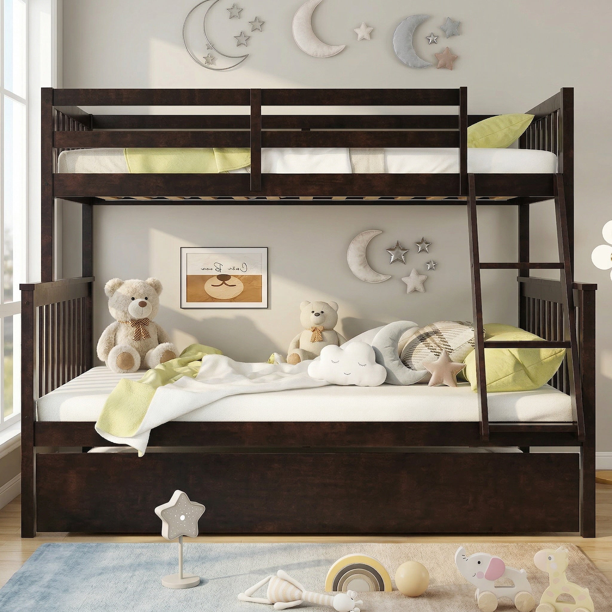 Sailvan Bunk Bed Twin Over Twin with Convertible Ladder and Guardrail, Convertible Bed