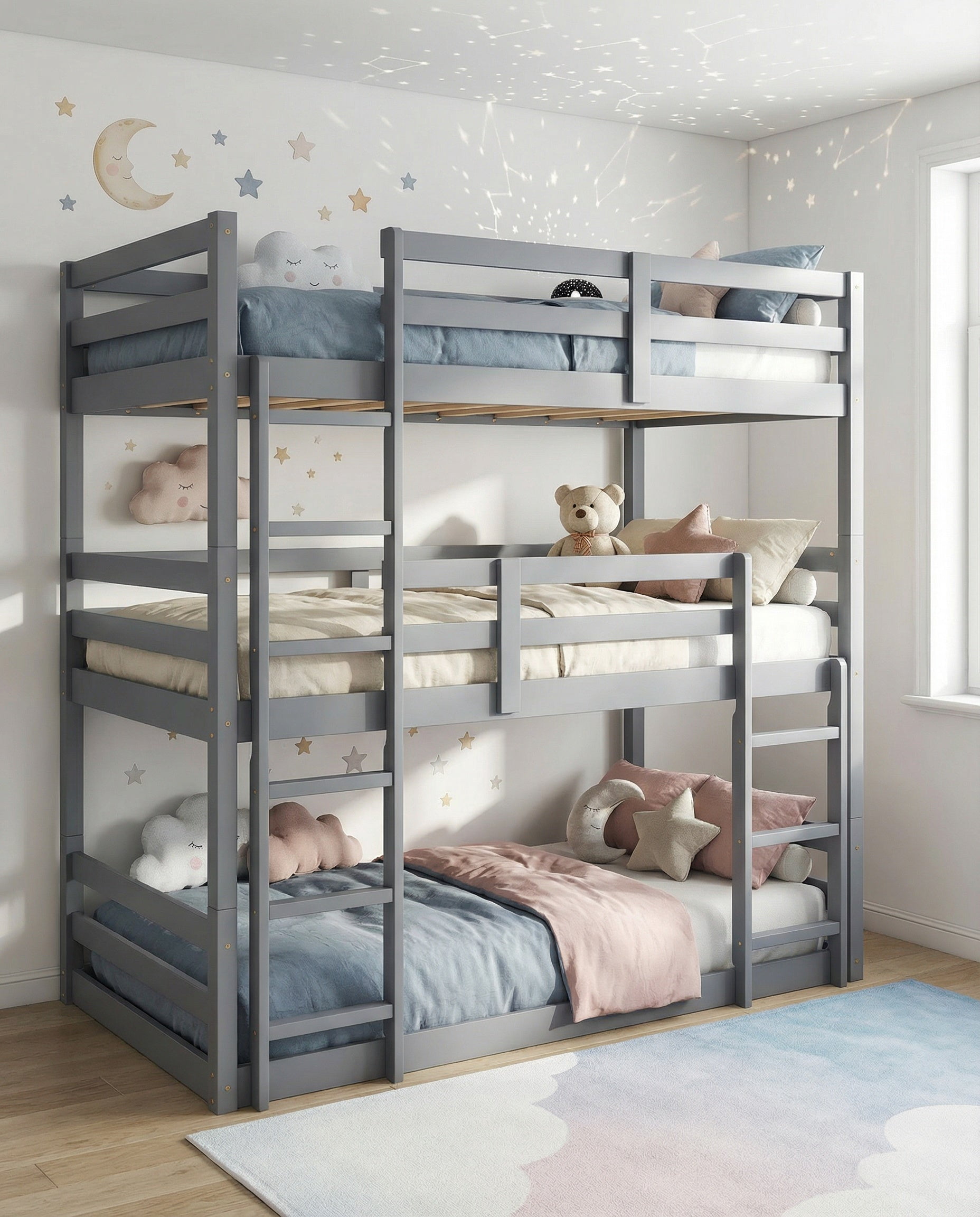 Sailvan Bunk Bed Twin over Twin over Twin with Two Built-in Ladders Guardrails, Wood, Detachable Triple Twin Bunk Bed
