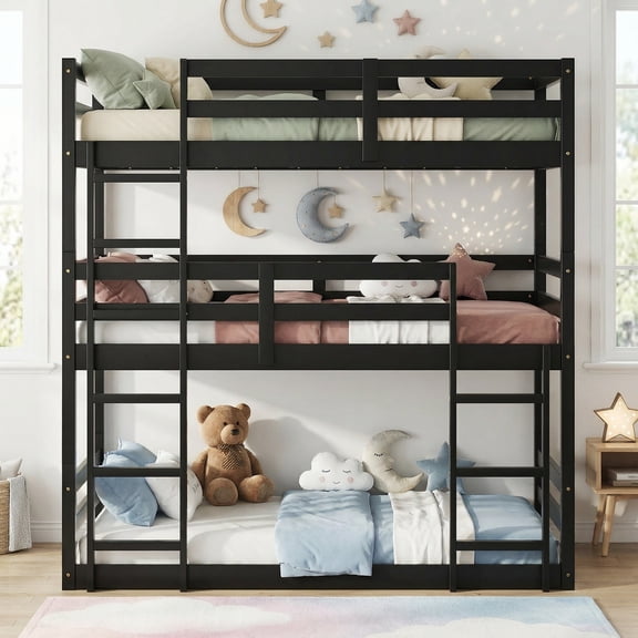 Sailvan Bunk Bed Twin over Twin over Twin with Two Built-in Ladders Guardrails, Wood, Detachable Triple Twin Bunk Bed