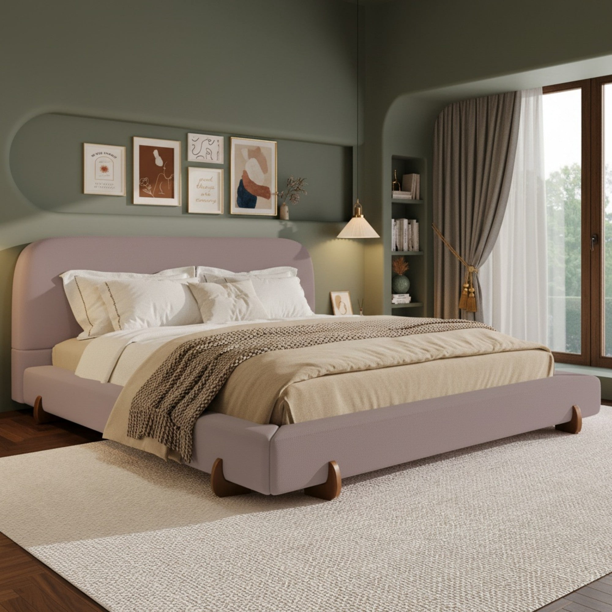 Sailvan California King Upholstered Bed Frame with White Fabric and Brown Solid Rubber Wood Legs,4-Inch Thick Rails,Modern Style Bed,Pink