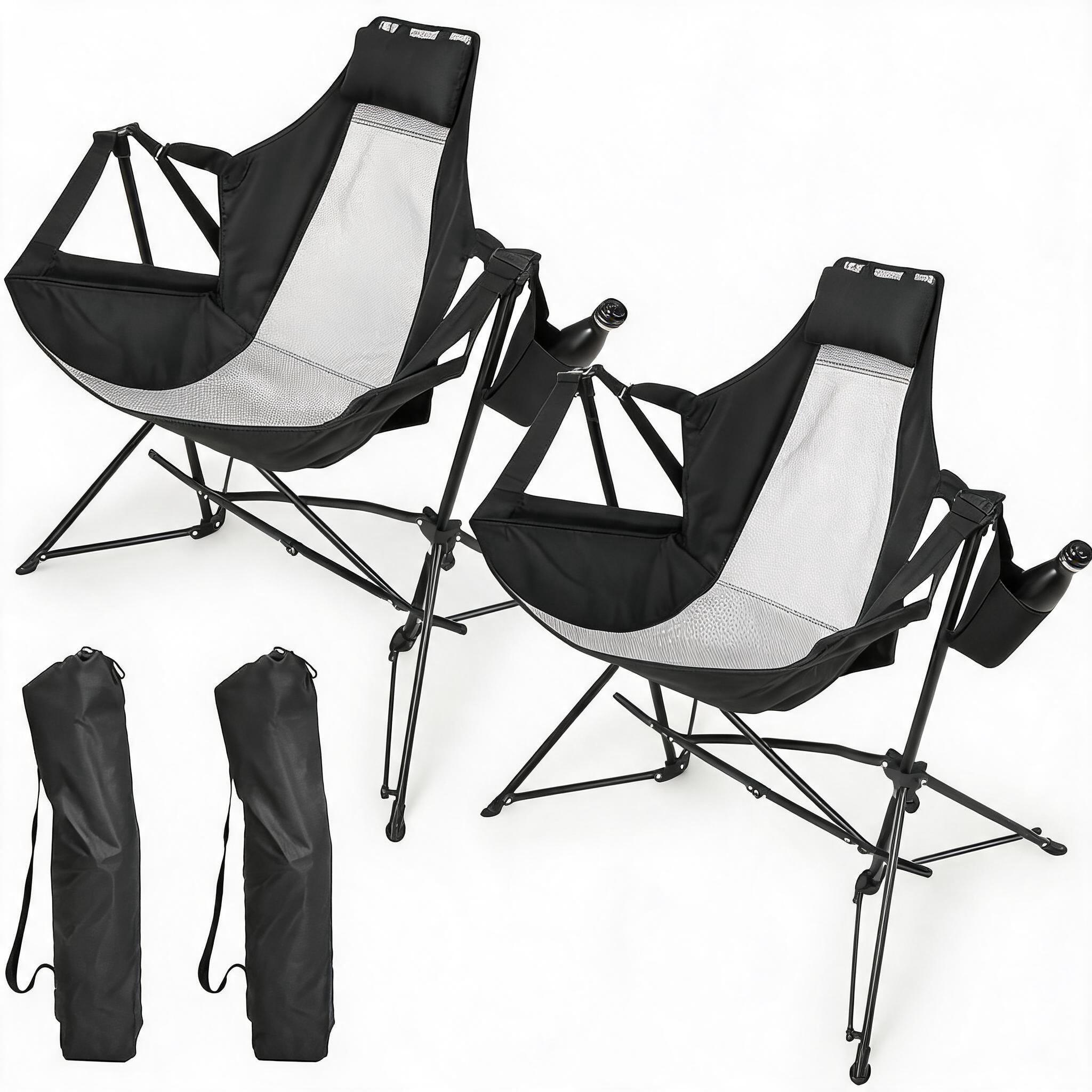 Sailvan Camping Rocking Chair 2-Pack, Folding Hammock Chair with Adjustable Back & Cup Holder for Outdoor Backyard, Black