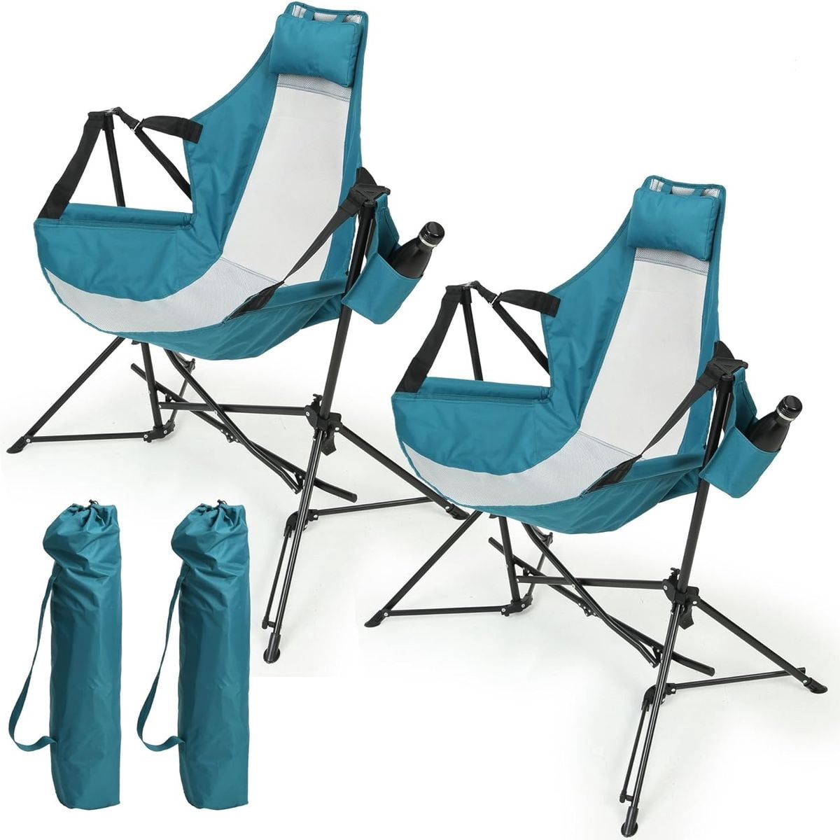 Sailvan Camping Rocking Chair 2-Pack, Folding Hammock Chair with Adjustable Back & Cup Holder for Outdoor Backyard, Blue