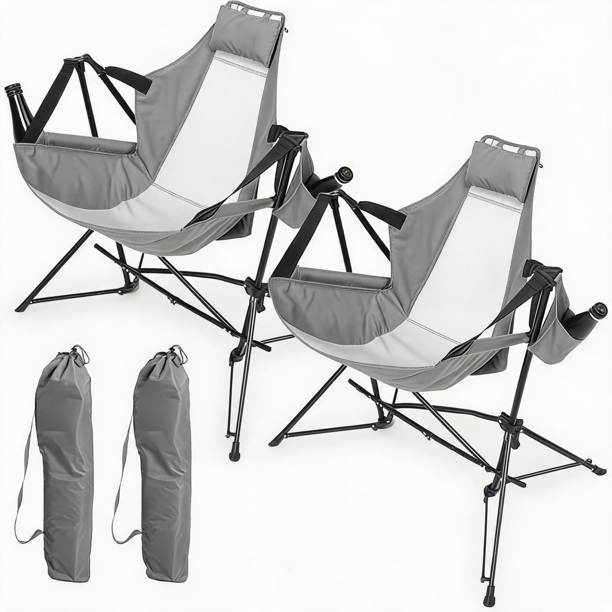 Sailvan Camping Rocking Chair 2-Pack, Folding Hammock Chair with Adjustable Back & Cup Holder for Outdoor Backyard, Grey