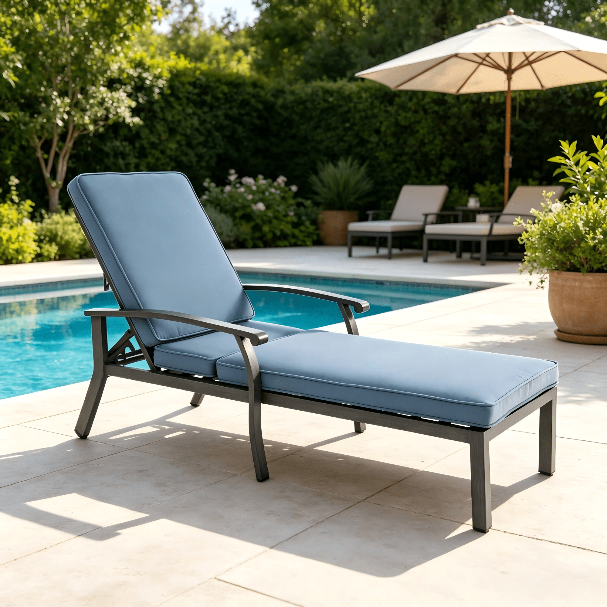 Sailvan Cast Aluminum Outdoor Chaise Lounge Chair with Thick Cushions,5-Position Adjustable Reclining Patio Lounger Blue