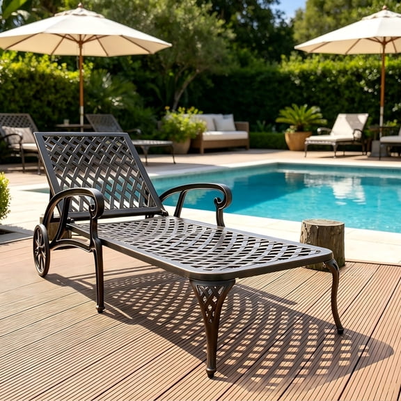 Sailvan Cast Aluminum Patio Lounge Chair,Adjustable Reclining Chaise with Wheels and Cross Weave Design Brown