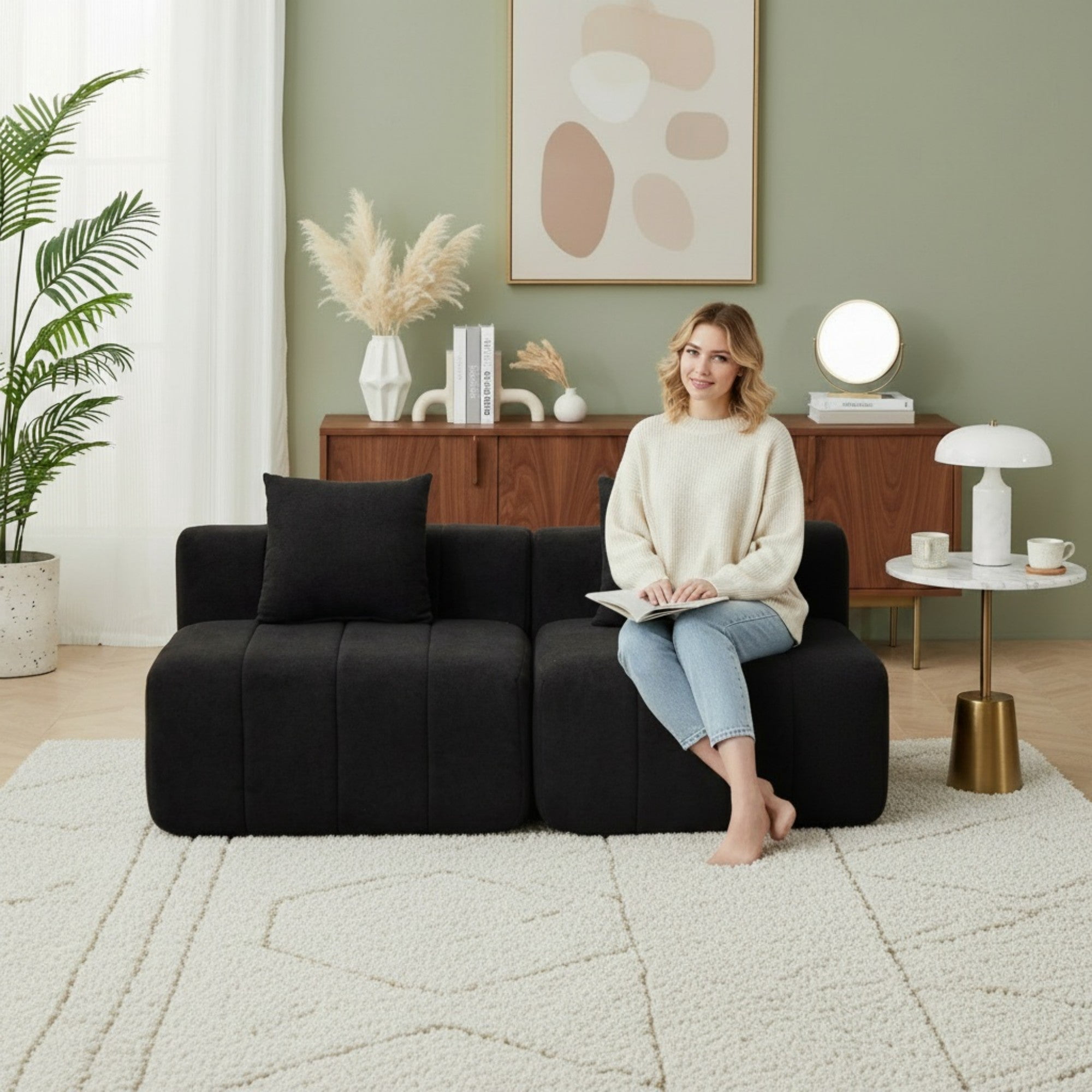 Sailvan Chenille Curved Sectional Sofa, Modern Modular Circular Sofa with Piano Key Design, No Assembly Required Cloud Couch Black