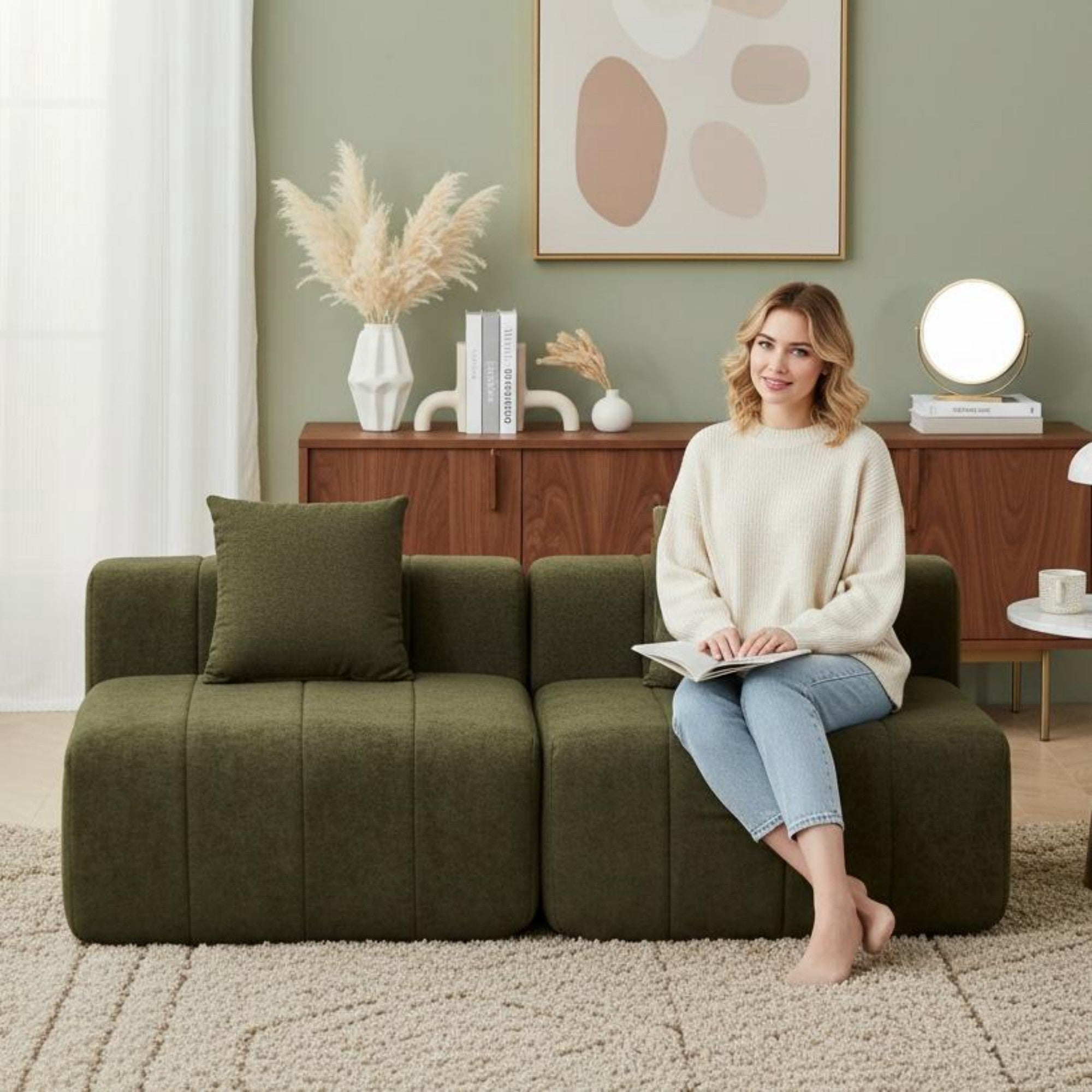 Sailvan Chenille Curved Sectional Sofa, Modern Modular Circular Sofa with Piano Key Design, No Assembly Required Cloud Couch Green