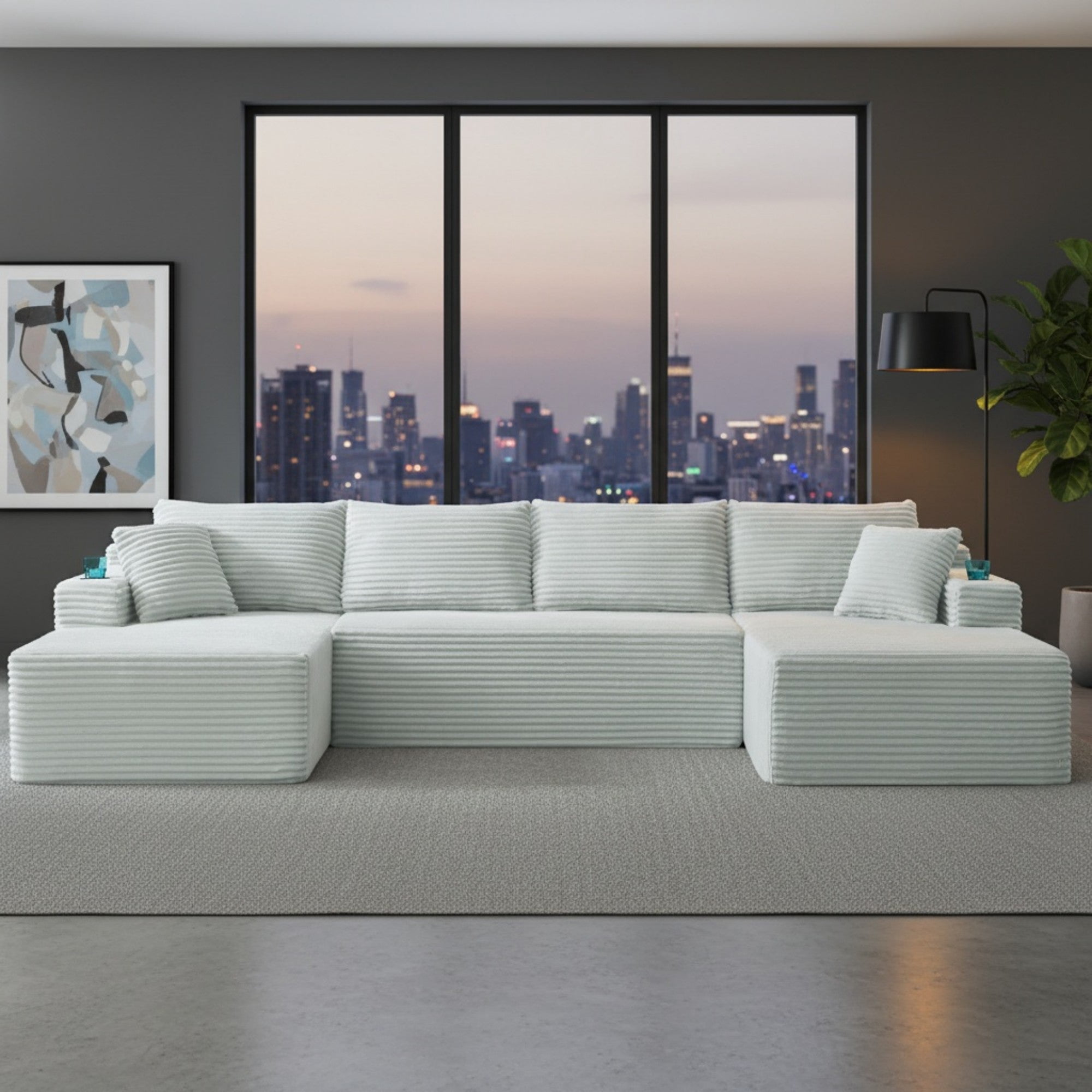 Sailvan Compressible U-Shaped Sectional Sofa Set, Corduroy Fabric Cloud Couch for Living Room