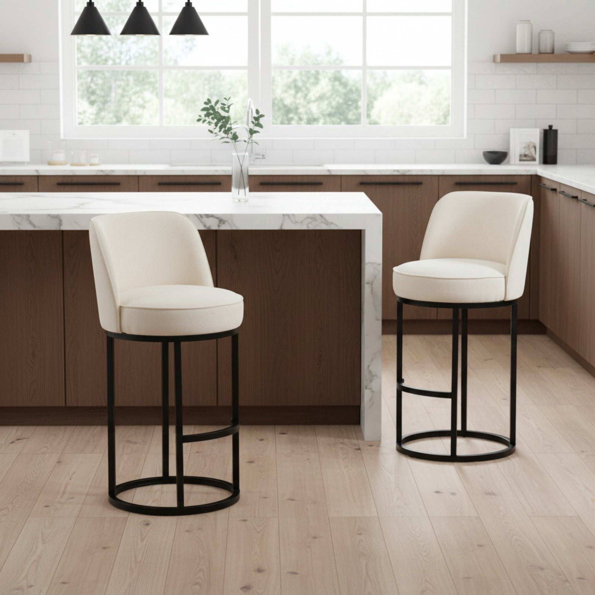 Sailvan Counter Height Bar Stools Set of 2,Modern Upholstered Linen Fabric Kitchen Island Stools with Barrel Backrest & Sturdy Metal Frame Beige
