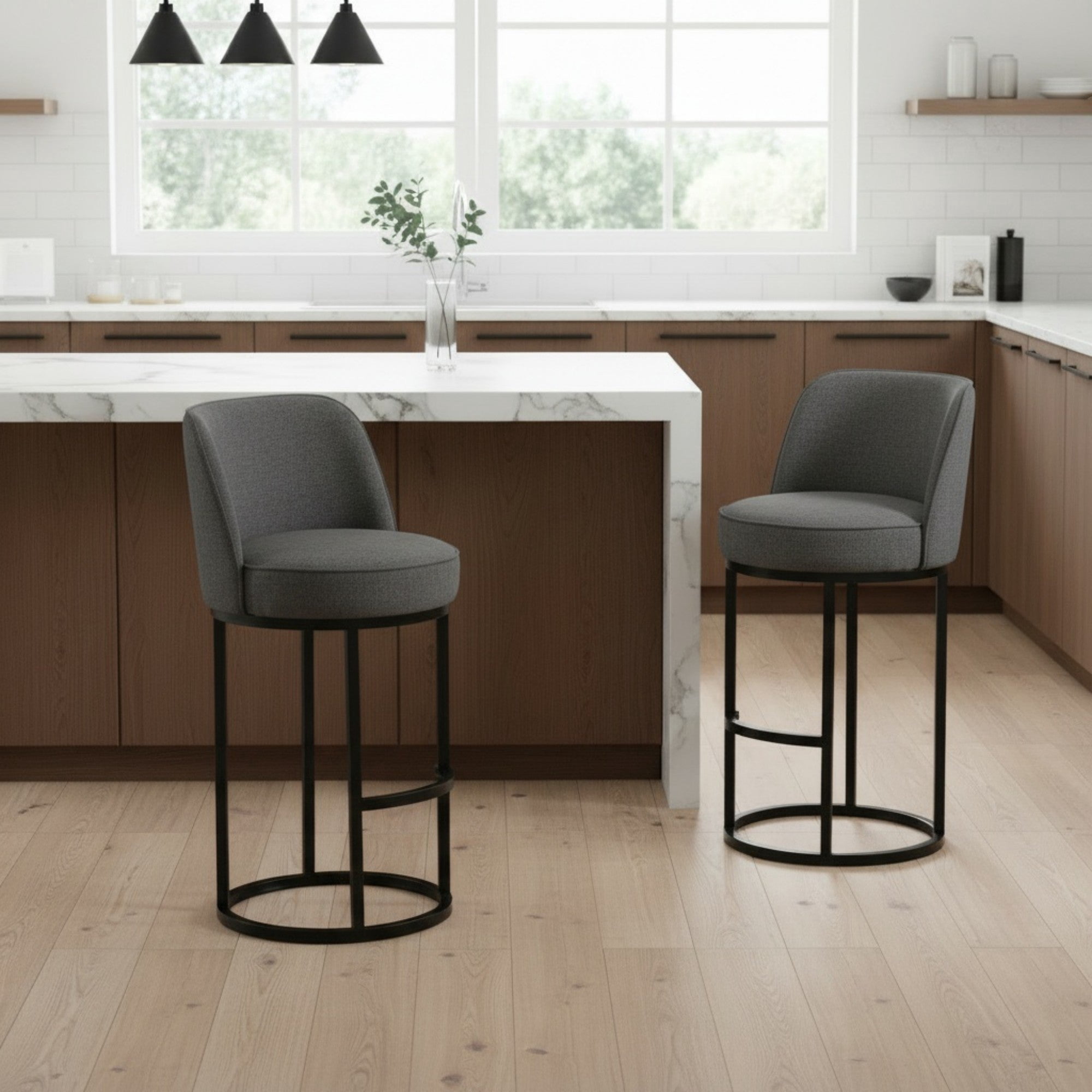 Sailvan Counter Height Bar Stools Set of 2,Modern Upholstered Linen Fabric Kitchen Island Stools with Barrel Backrest & Sturdy Metal Frame Gray