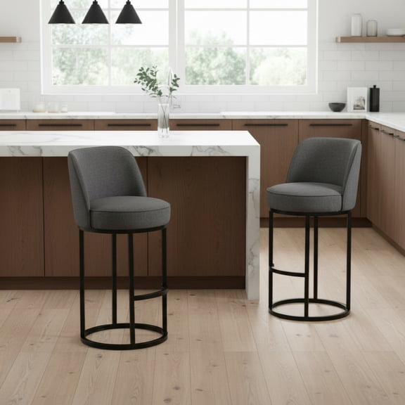 Sailvan Counter Height Bar Stools Set of 2,Modern Upholstered Linen Fabric Kitchen Island Stools with Barrel Backrest & Sturdy Metal Frame Gray