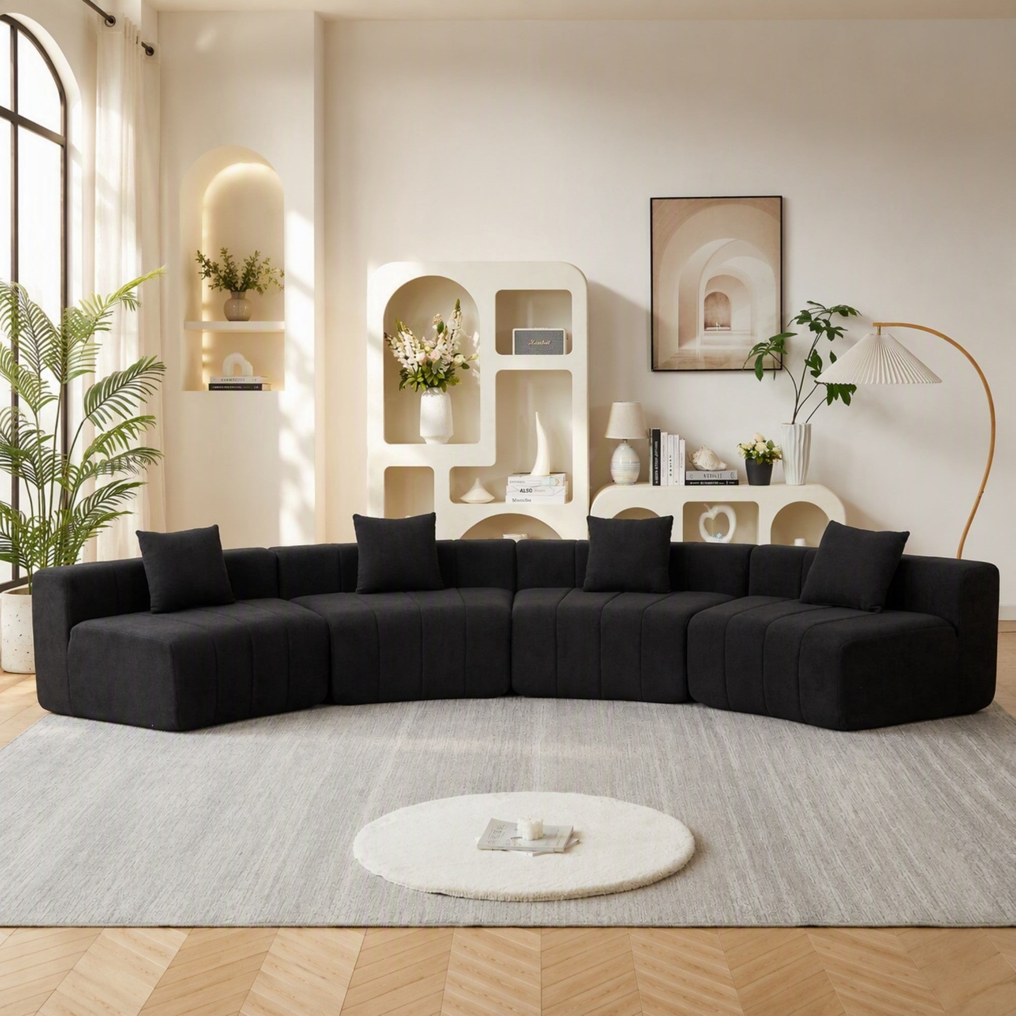 Sailvan Curved Sectional Sofa, Modular Semi Circular Chenille Couch with 4 Pillows, No Assembly Symmetrical Cloud Sofa for Living Room Black