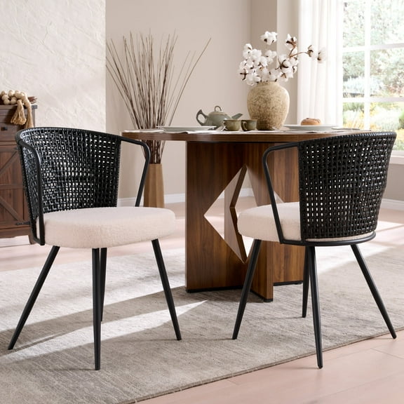 Sailvan Dining Chair Set of 2, Upholstered Kitchen & Dining Room Chairs Tufted Accent Chairs with Rattan Backrest & Lamb Fleece Fabric Cushion, Wingback Dining Room Seat (Black)