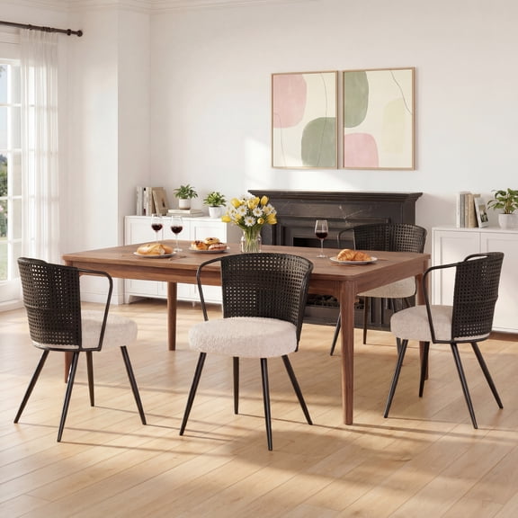 Sailvan Rattan Dining Chair Set of 4, Accent Dining Room Chairs, Modern Kitchen Chairs with Lamb Fleece Cushion, Mid Century Style Living Room Chairs, Easy Assembly, Black