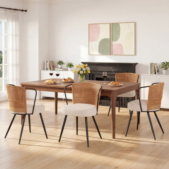 Sailvan Rattan Dining Chair Set of 4, Accent Dining Room Chairs, Modern Kitchen Chairs with Lamb Fleece Cushion, Mid Century Style Living Room Chairs, Easy Assembly, Brown