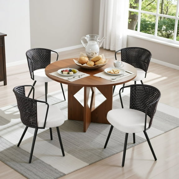 Sailvan Dining Chair Set of 4,  Upholstered Kitchen & Dining Room Chairs Tufted Accent Chairs with Rattan Backrest & Lamb Fleece Fabric Cushion, Wingback Dining Room Seat (Black)