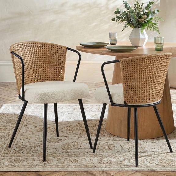 Dining Chairs Set of 2,SailvanUpholstered Mid-Century Rattan Chairs, Kitchen Dining Chairs with Rattan Backrest & Boucle Cushion,Farmhouse Accent Chair Side Chair with Metal Leg,Brown