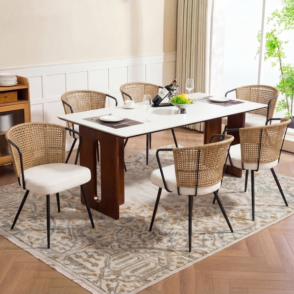 Sailvan Set of 6 Dining Chairs, Upholstered Rattan Kitchen & Dining Room Chairs with Rattan Backrest & Boucle Cushion, Farmhouse Dining Room Chair with Metal Leg，Brown