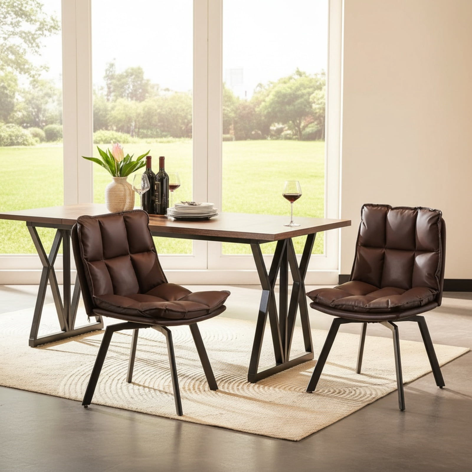 Sailvan Dining Chairs Set of 2, Modern PU Leather Upholstered Kitchen Chairs, Swivel Dining Room Chair with Double-Layer Fabric Cushion, Dark Brown