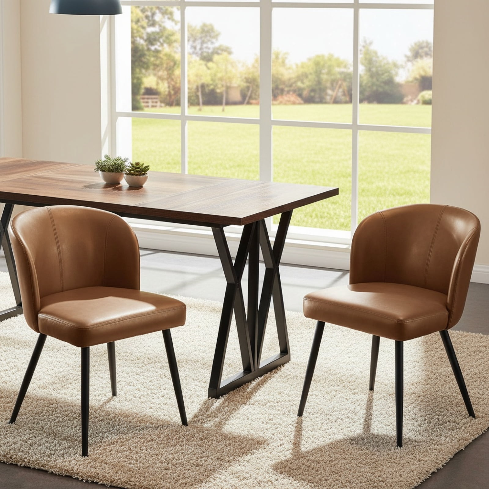 Sailvan Dining Chairs Set of 2, Modern PU Leather Upholstered Kitchen Chairs for Dining Room & Living Room with High Back, Easy Maintaince, Brown