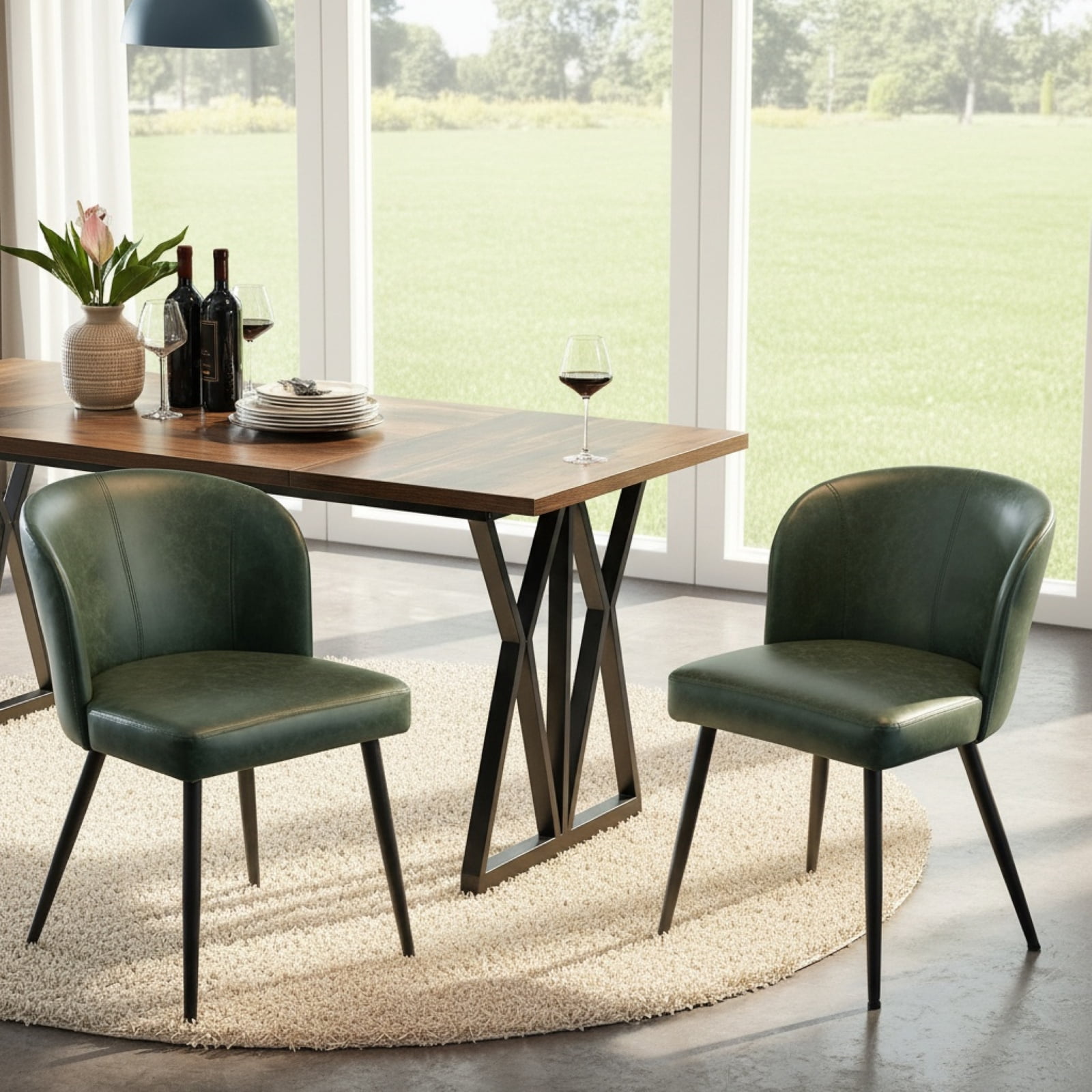 Sailvan Dining Chairs Set of 2, Modern PU Leather Upholstered Kitchen Chairs for Dining Room & Living Room with High Back, Easy Maintaince, Green