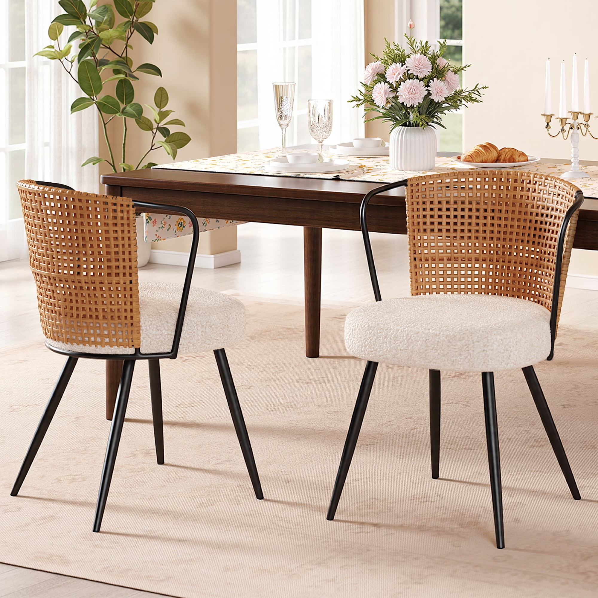 Sailvan Dining Chairs Set of 2, Rattan Upholstered Kitchen & Dining Room Chairs Accent Chairs with Lamb Fleece Fabric Cushion, Black