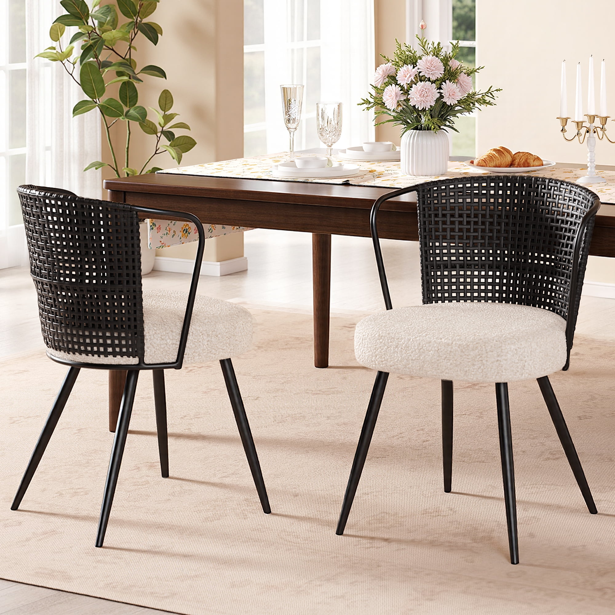 Sailvan Dining Chairs Set of 2, Rattan Upholstered Kitchen & Dining Room Chairs Accent Chairs with Lamb Fleece Fabric Cushion, Brown